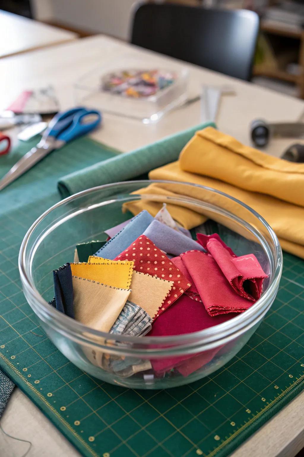 A tactile display of textile and textures contained within a glass bowl.