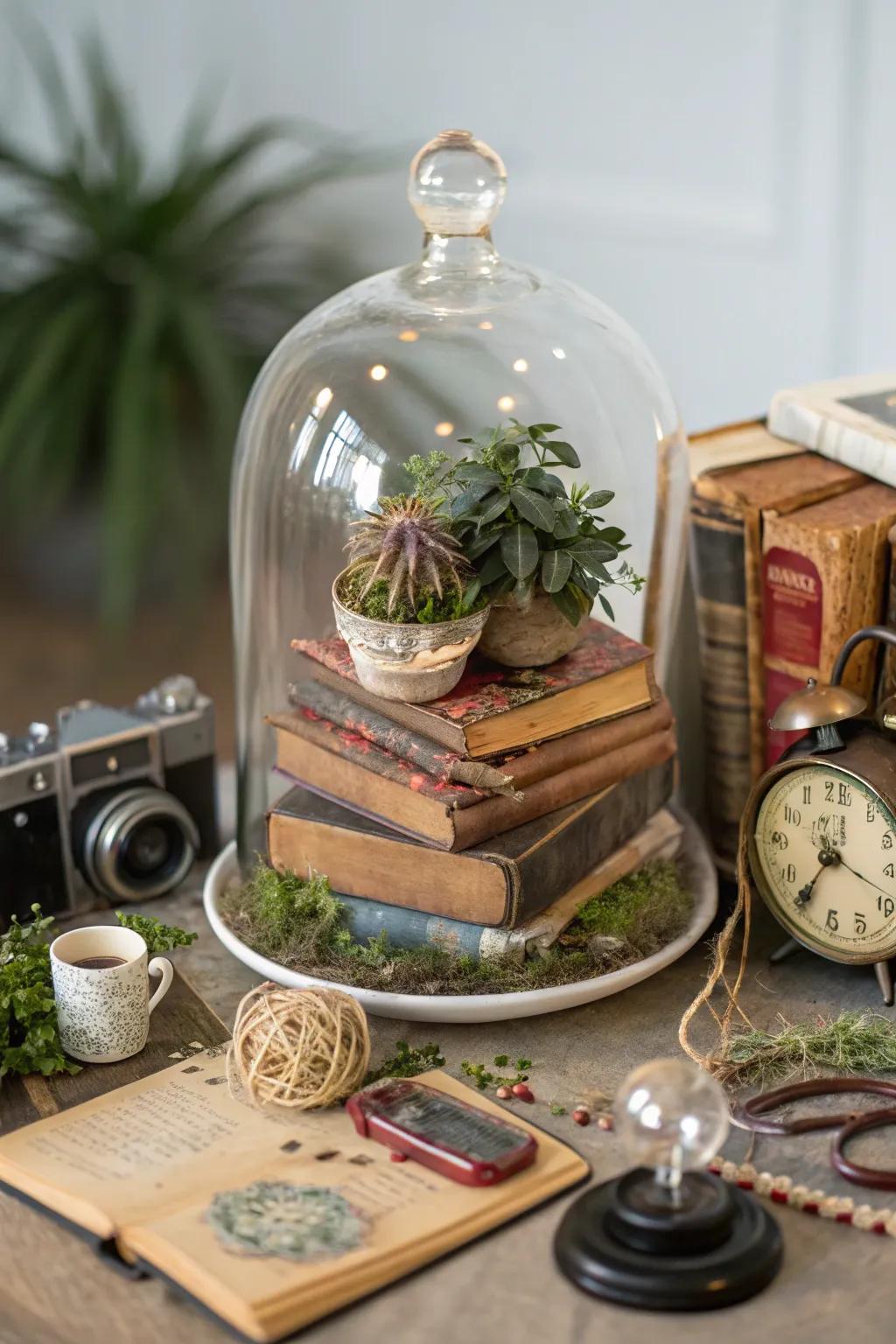 An eclectic mix of objects produces a distinct display screen under a glass dome.
