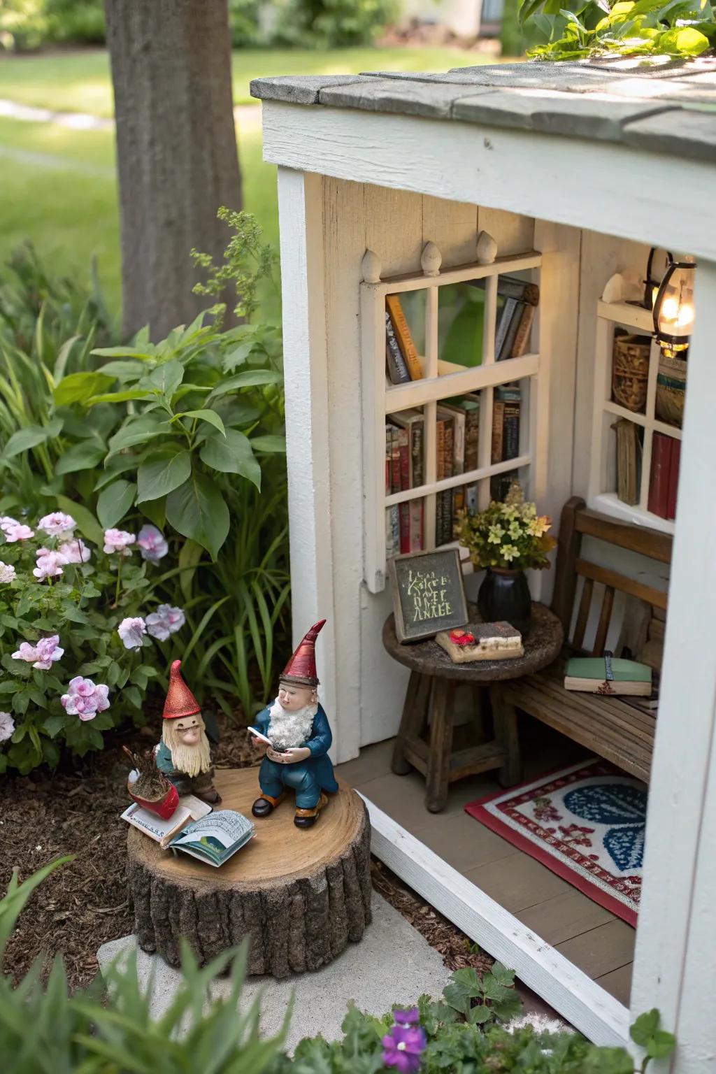 A cozy gnome book nook for tranquil garden moments.