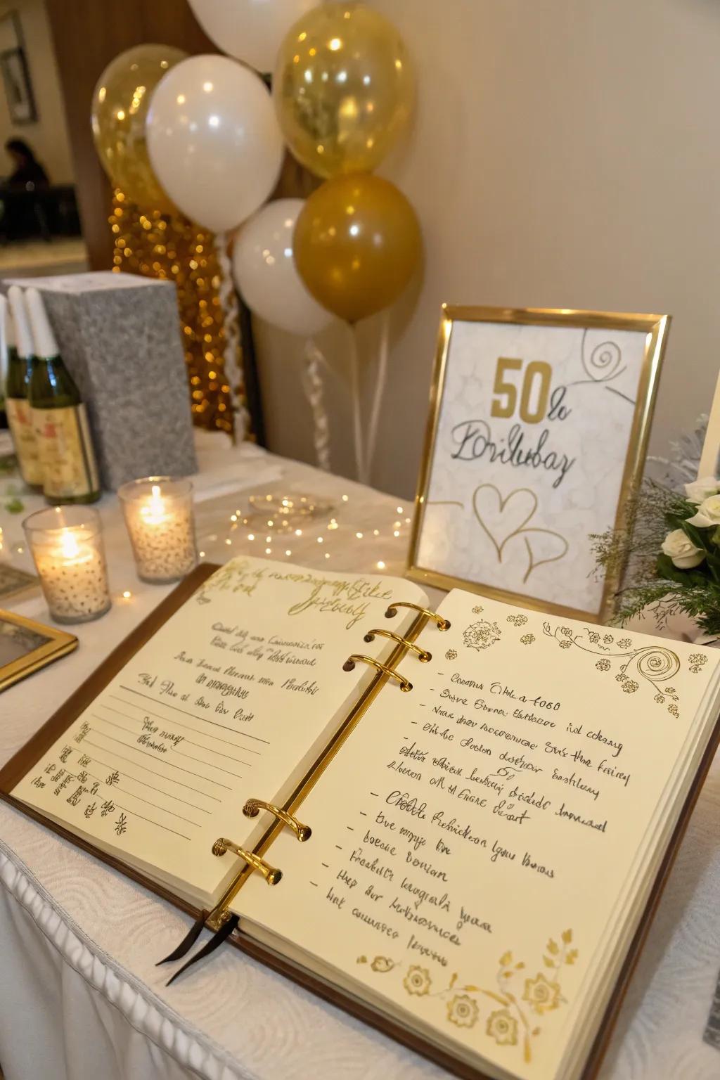 A gold-themed guest book records sincere messages from family and friends.