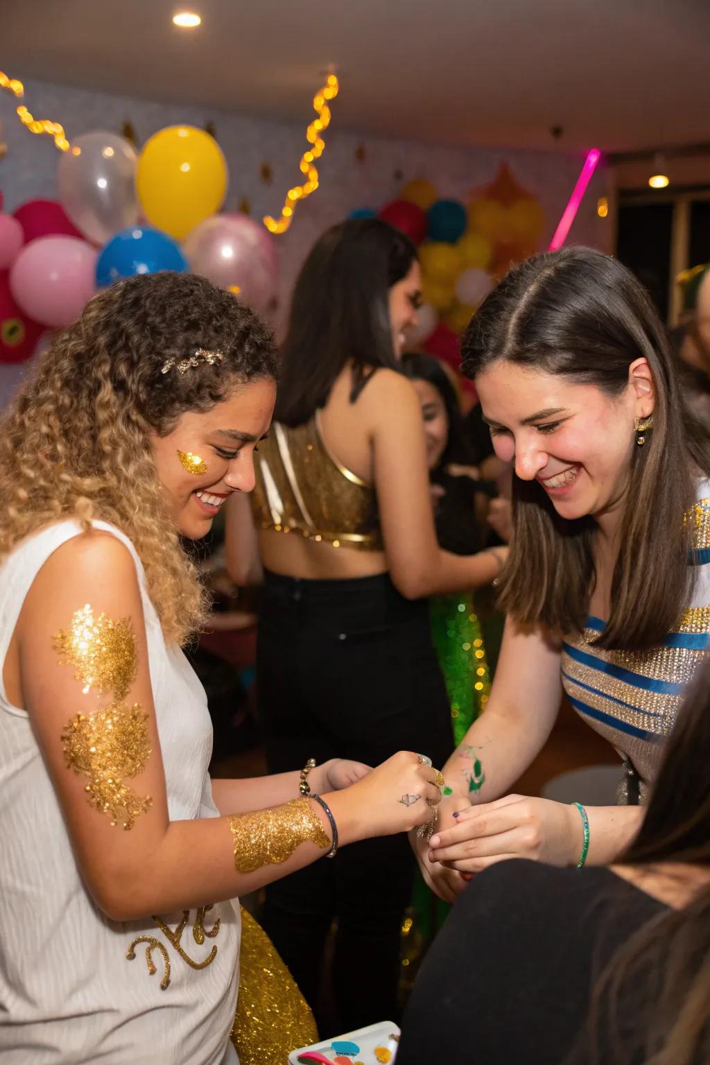 Guests adorned with playful gold glitter tattoos, enhancing the party fun.