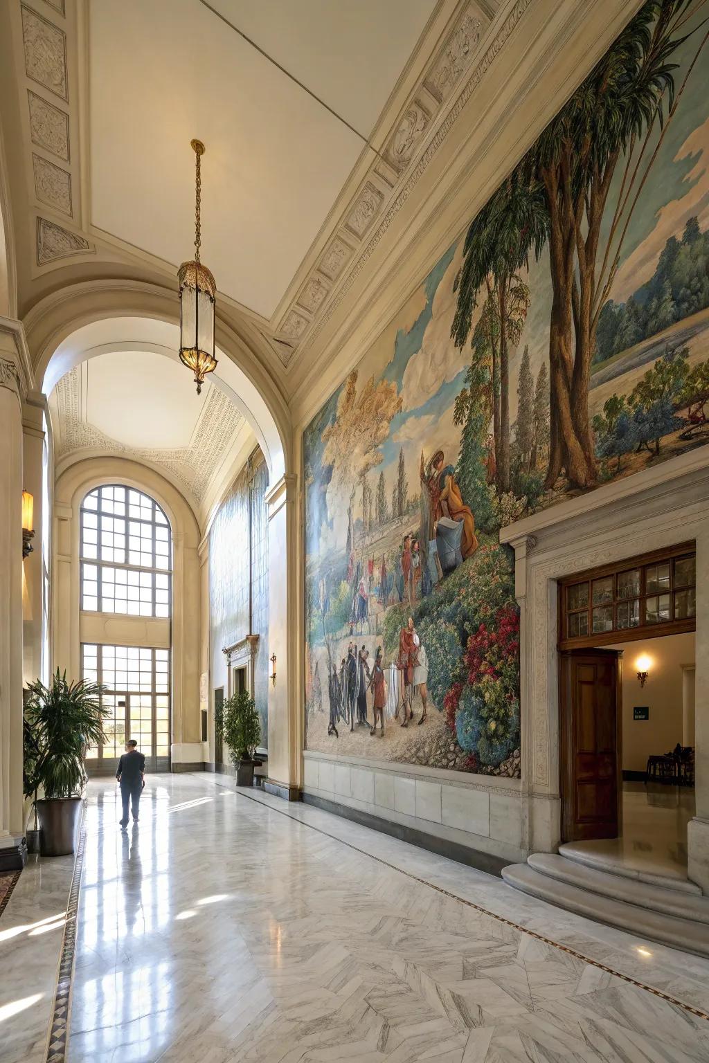 A hand-painted wall covering introduces a personal and artistic accent to a grand entryway.