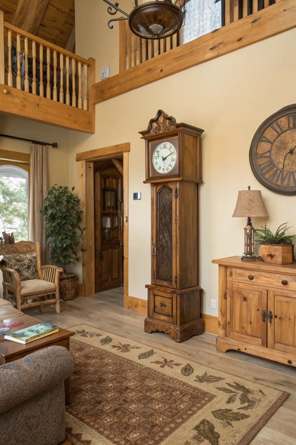 A tall case clock complements the rustic charm of a cozy retreat.