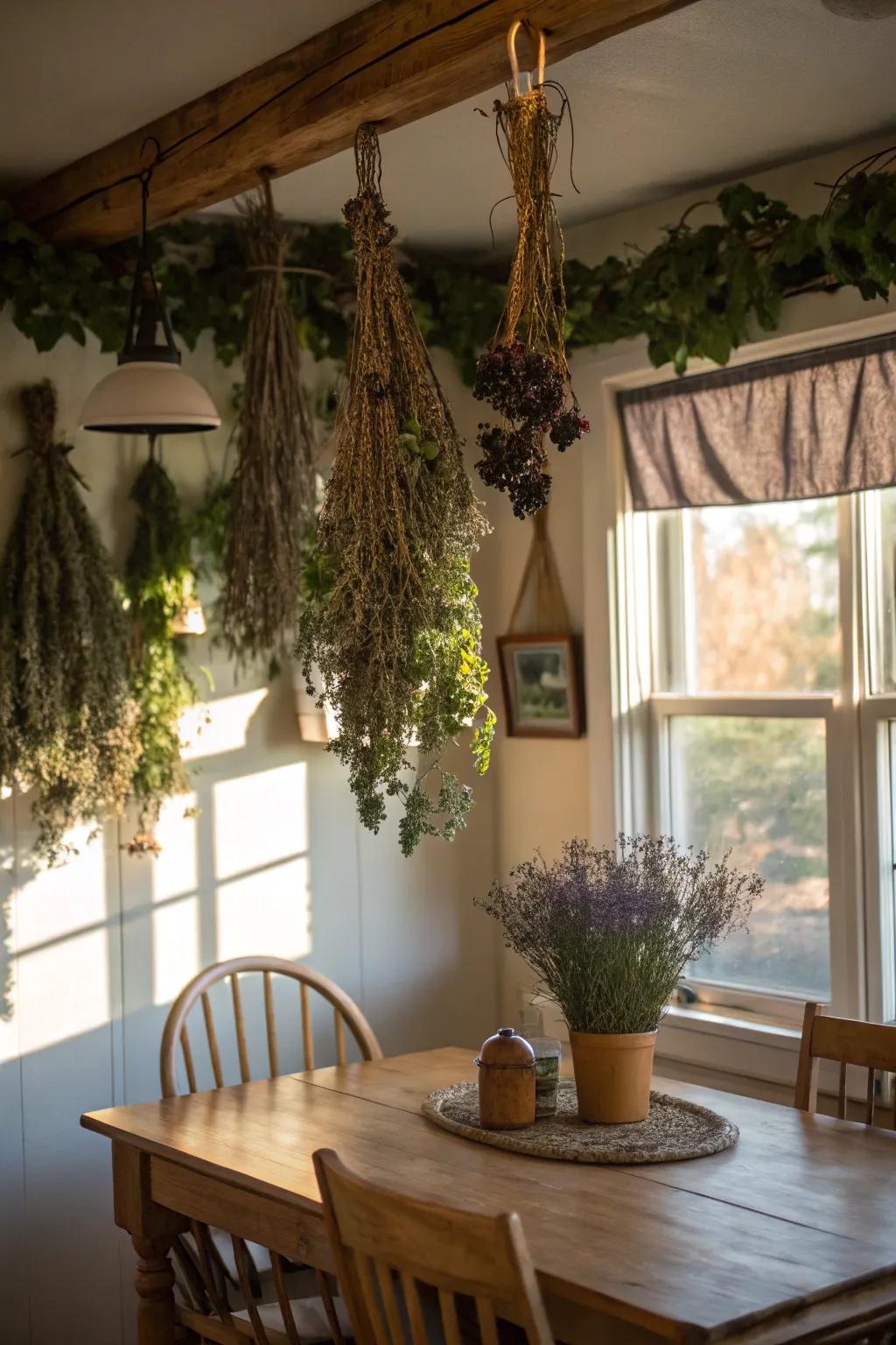 A snug grapevine arrangement introduces warmth to a kitchen alcove.