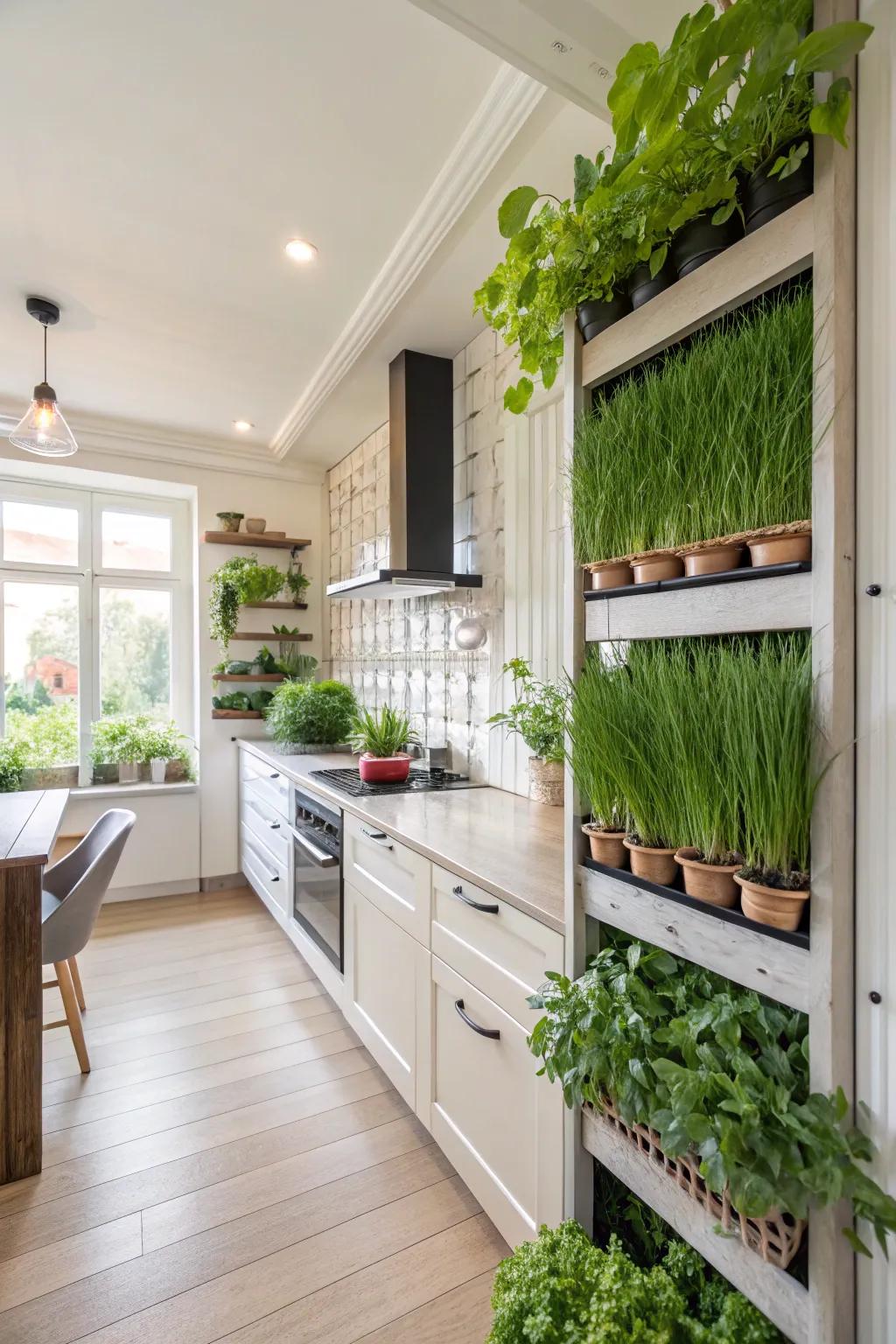 A grass wall doubles as a vertical herb garden in the culinary space, furnishing fresh components.