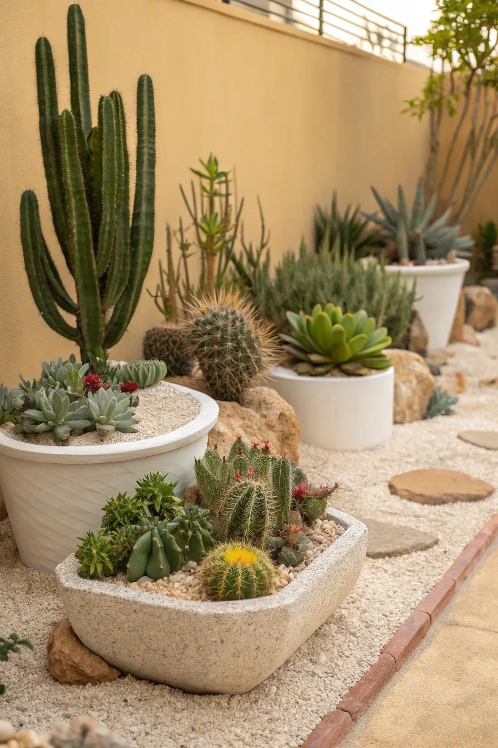 Cacti establish a striking desert oasis within the gravel garden.