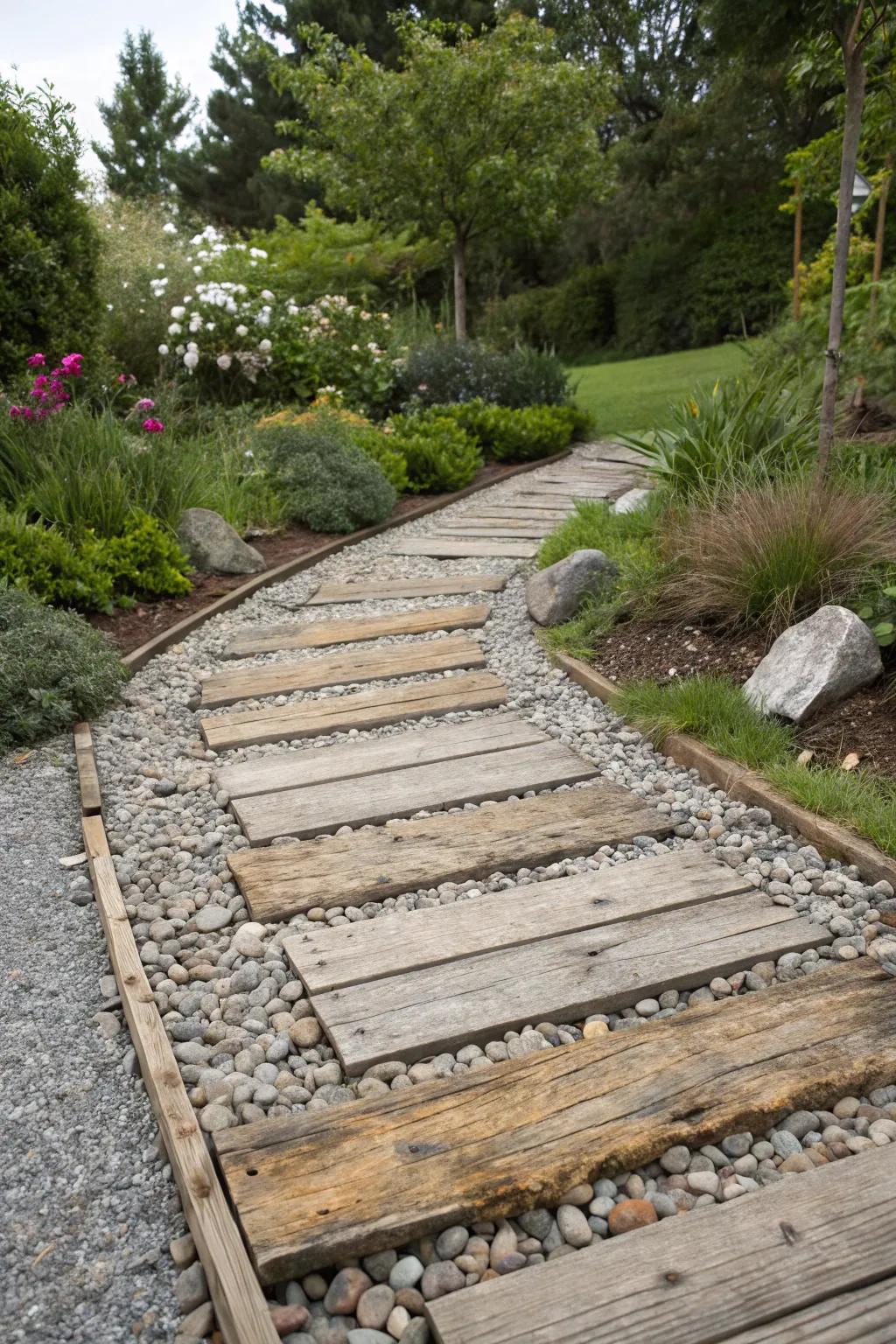 A crushed stone path with mixed textures for added interest