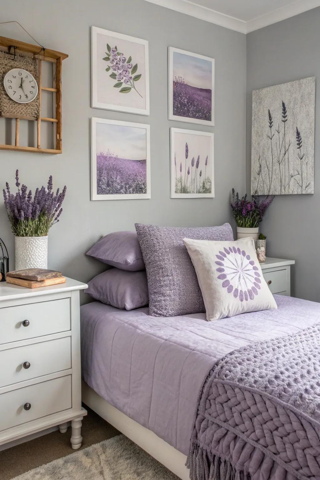 A serene gray bedroom featuring soothing lavender touches.