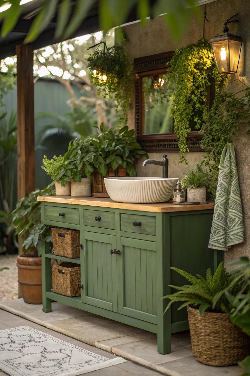 Green console with natural elements creating a tranquil space.