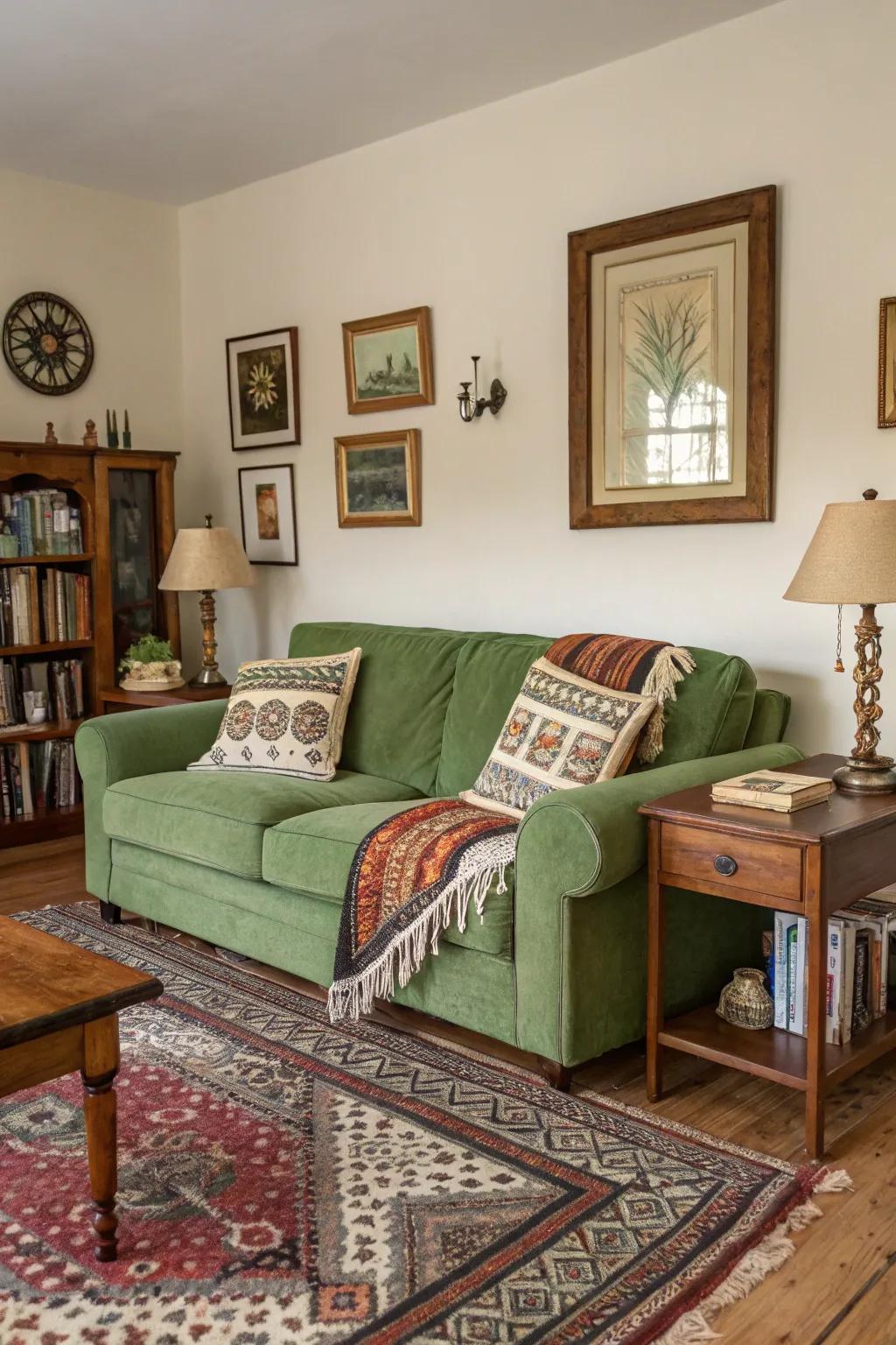 Classic treasures add depth and personality to a lounge featuring a green couch.