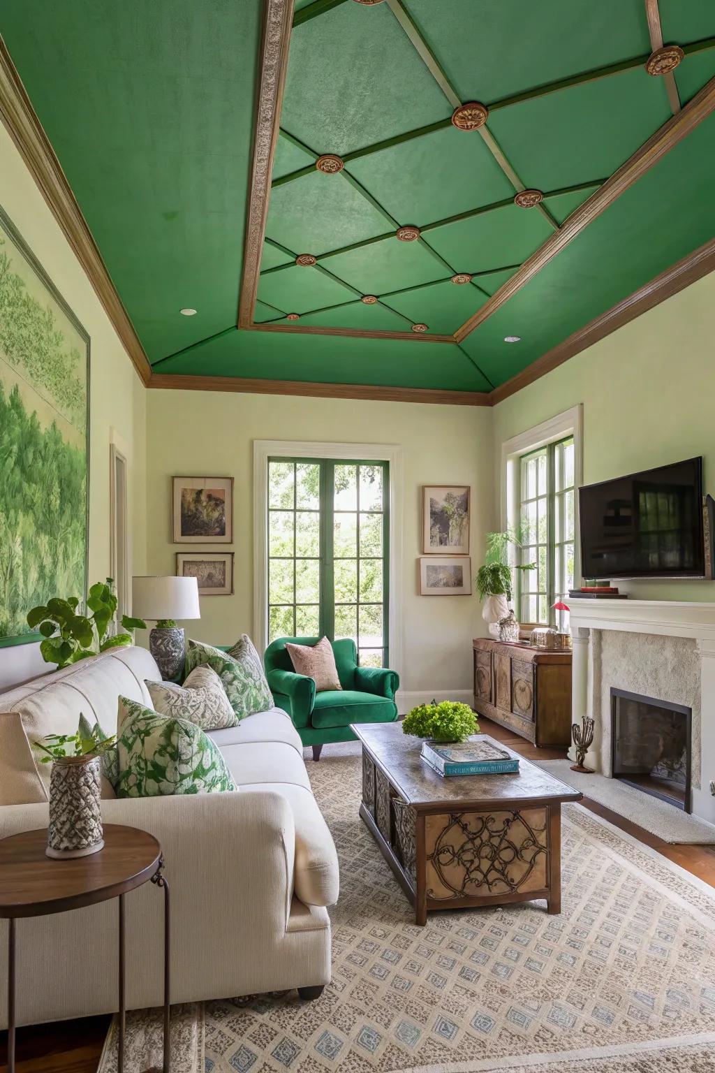 A verdant-coated ceiling delivers a delightful surprise.