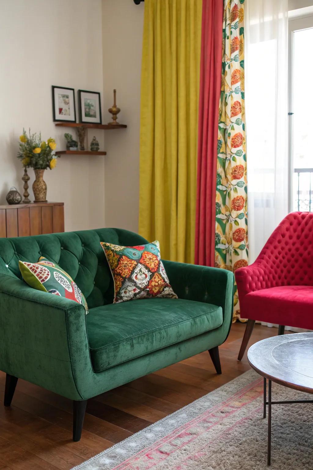 A playful family room with a verdant plush settee and vibrant highlights.