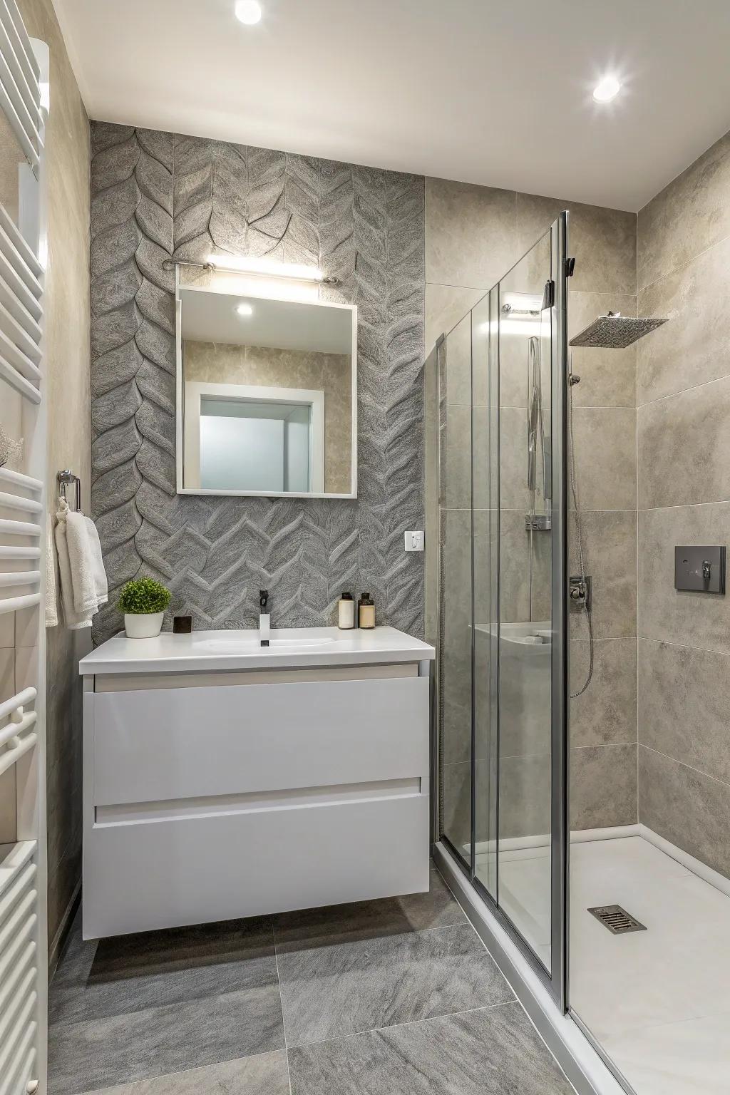 A textured grey accent wall injects depth and interest.