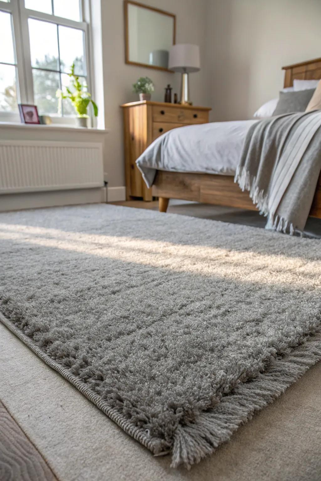 Layering grey on grey adds sophistication and depth to the bedroom.
