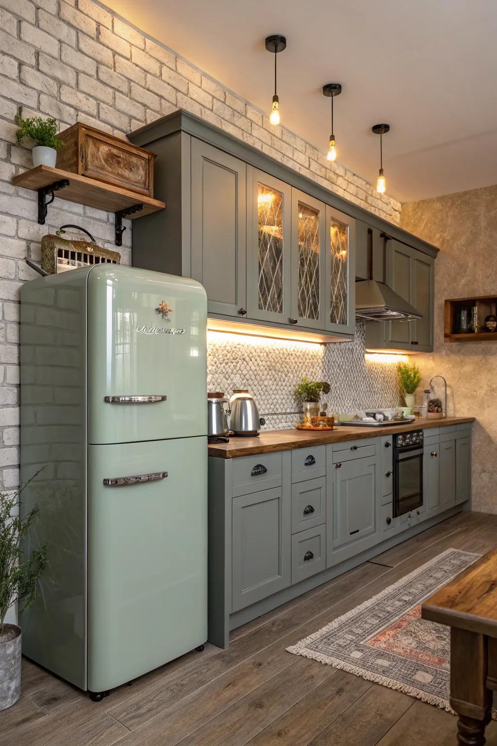 Vintage appliances infuse a classic charm to grey-green cabinets.