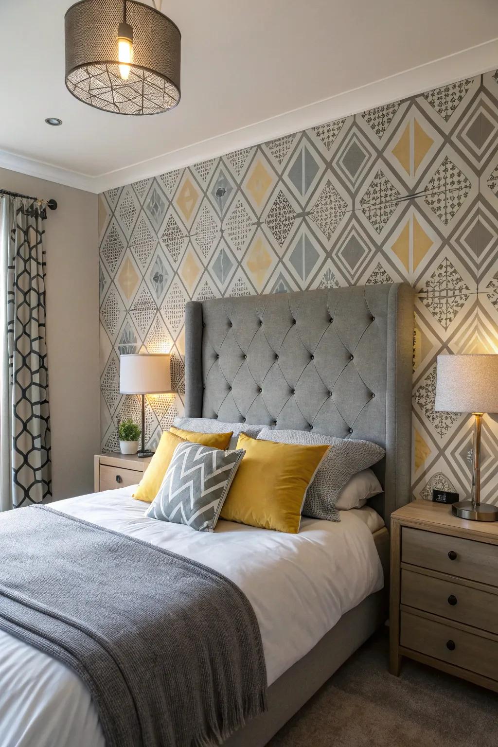 Geometric designs give a modern edge to a bedroom with a slate-toned headboard.