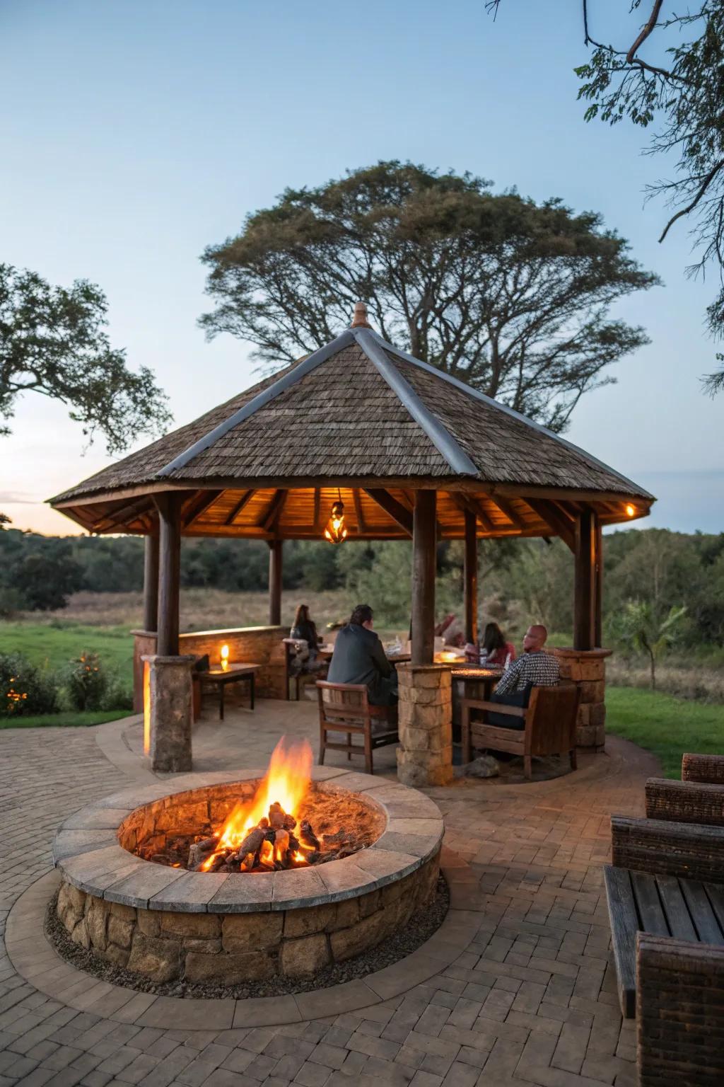 A grill gazebo featuring a central fire pit for warmth and gathering.