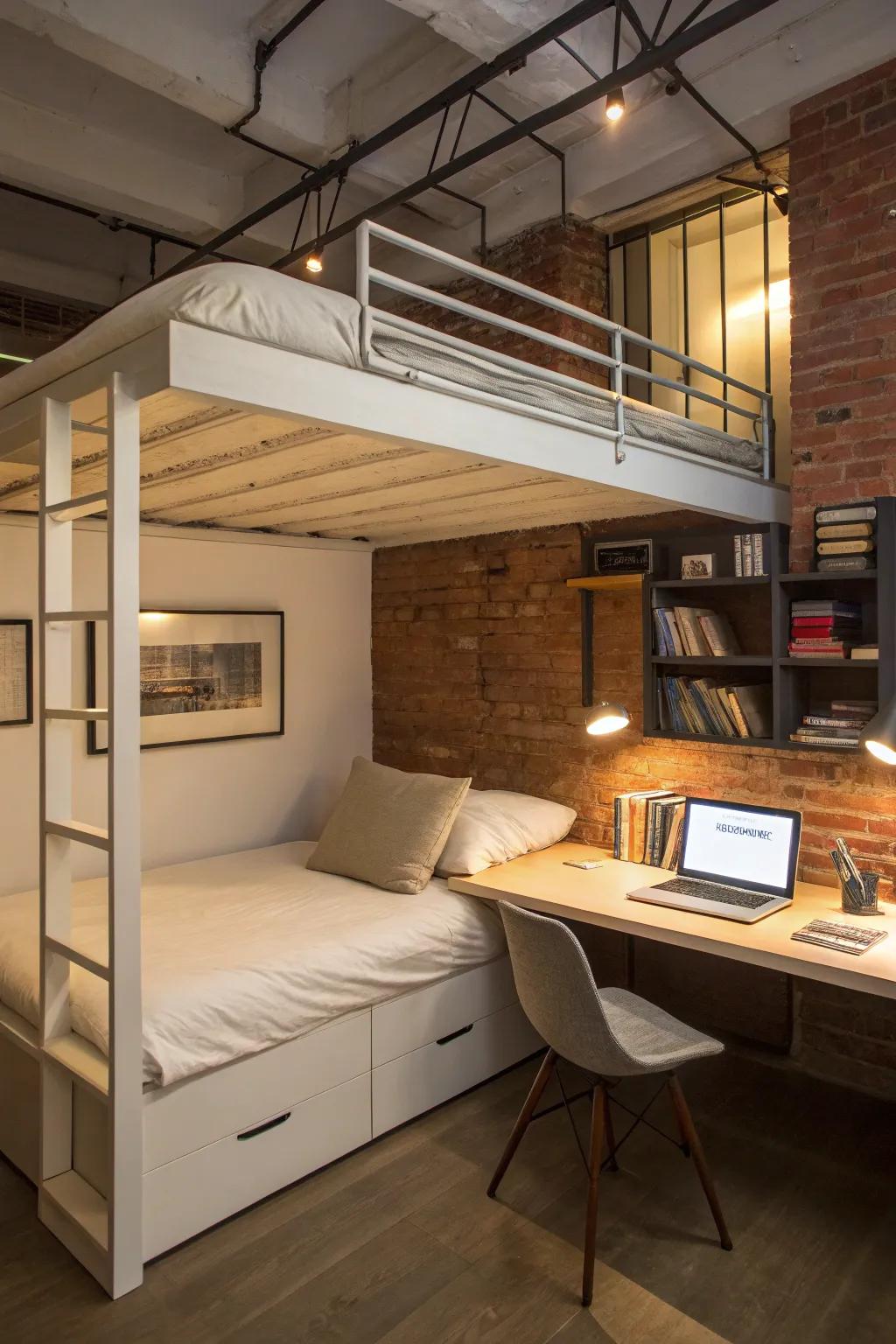 A loft bed that efficiently utilizes vertical space for dual-purpose living.