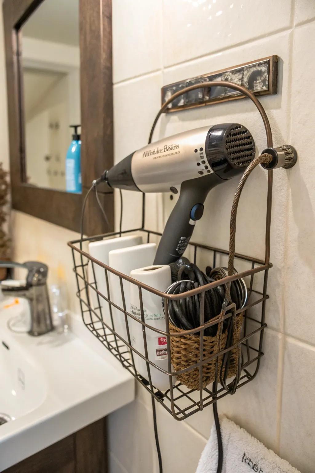 Rustic appeal with repurposed garden baskets designed for hair instrument storage.