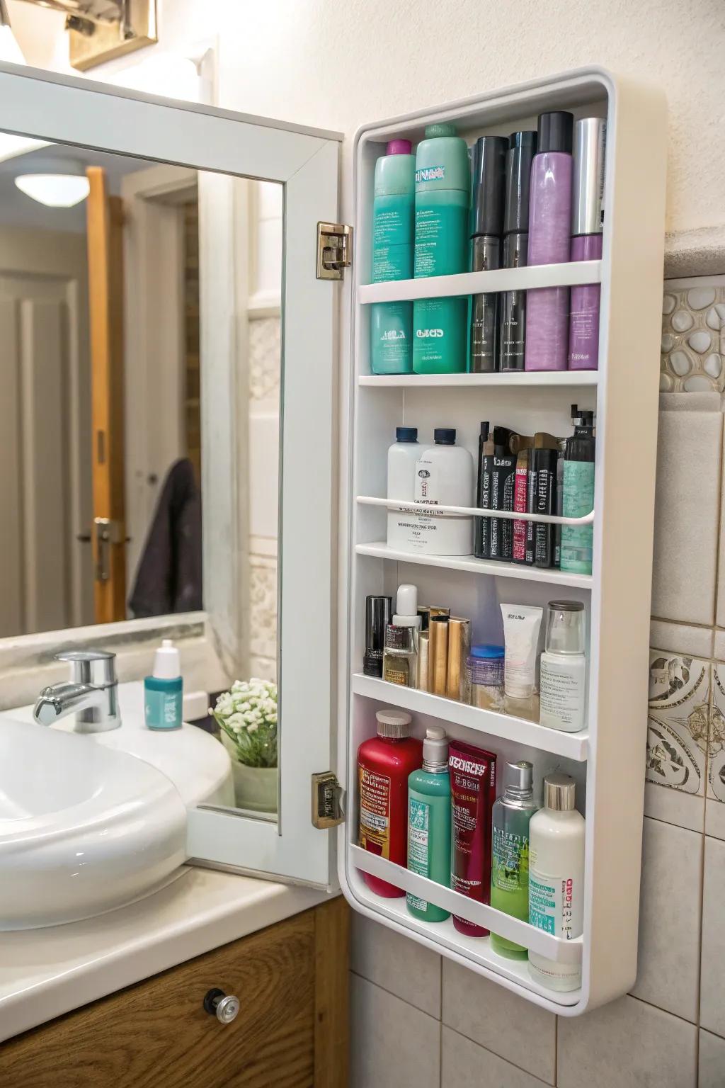 Sleek, hidden storage behind the mirror for a space free of clutter.