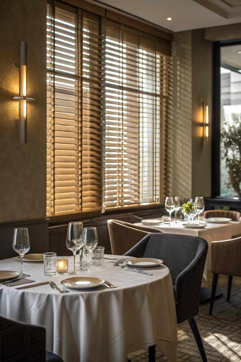 Elegant eating area featuring partial Venetian blinds.