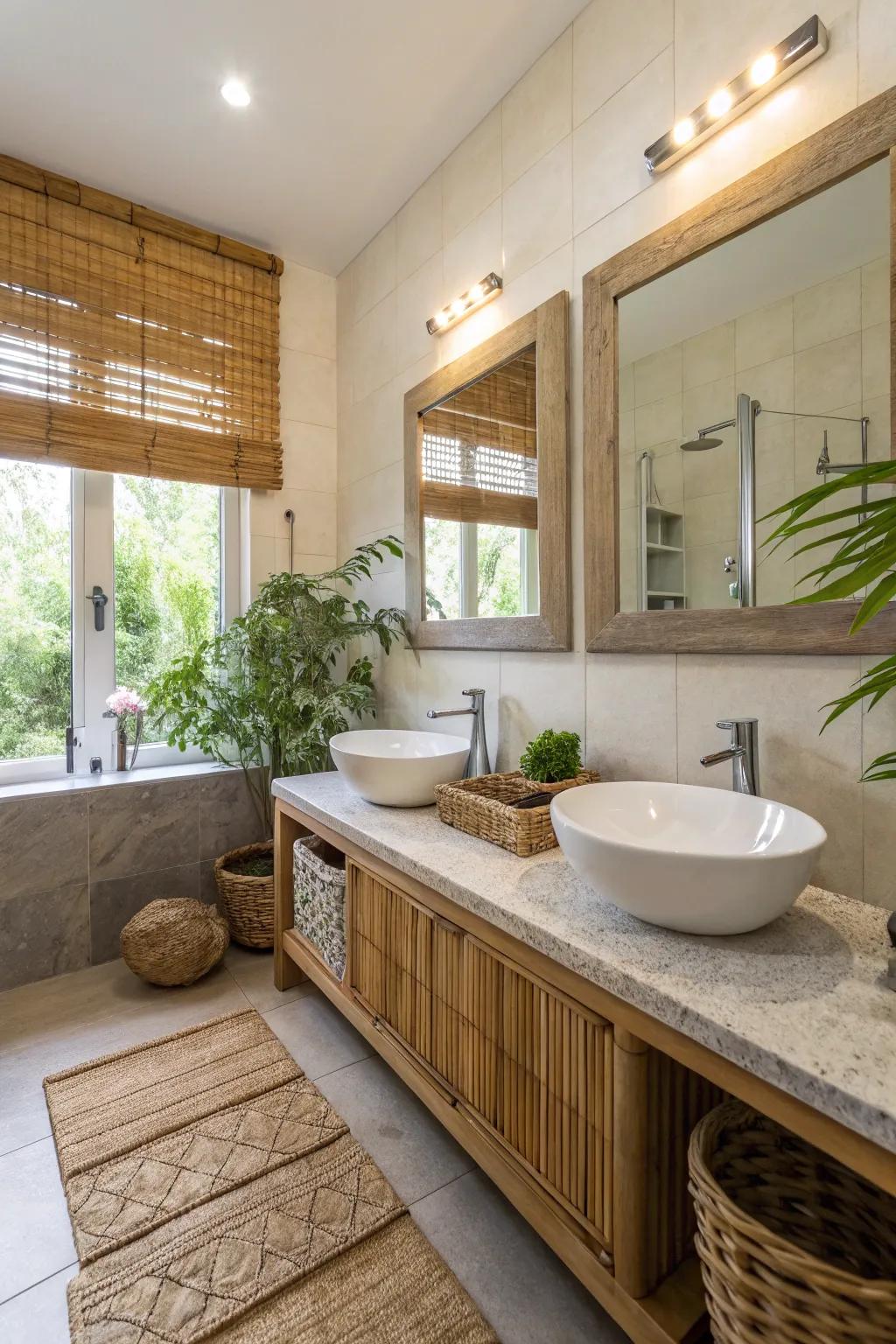 Eco-friendly features provide sustainability and style in a guest bathroom.
