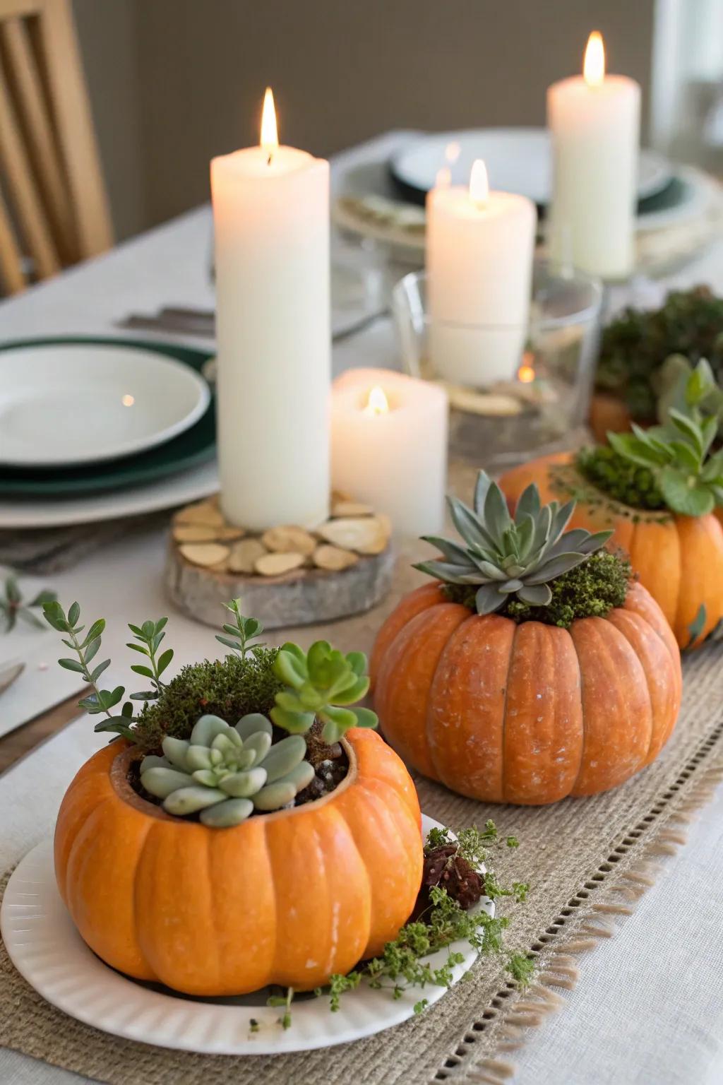 Jack-o'-lantern floral vessels serve as unique centerpieces