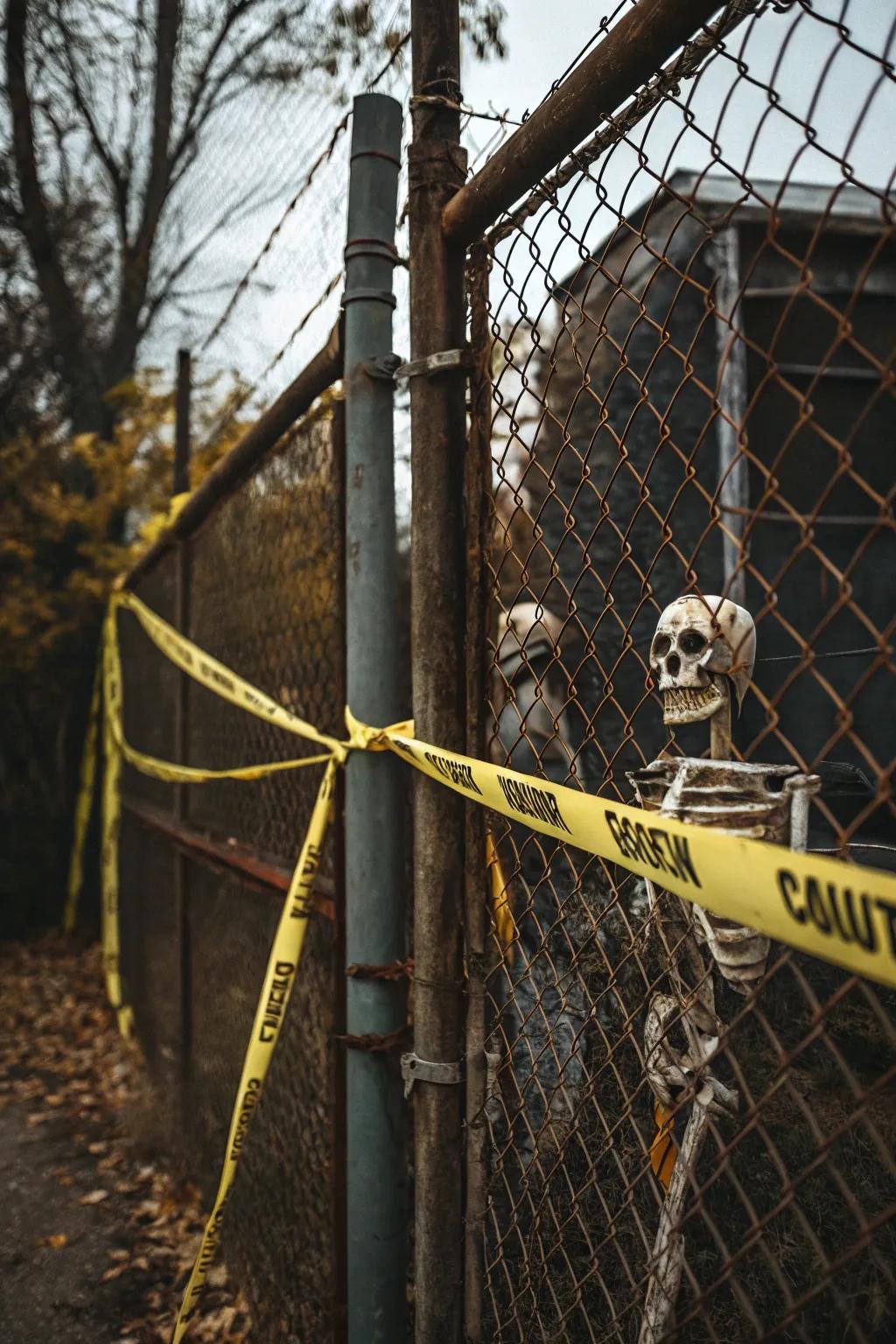 A frightful fence decorated with warning ribbon and skeletons.