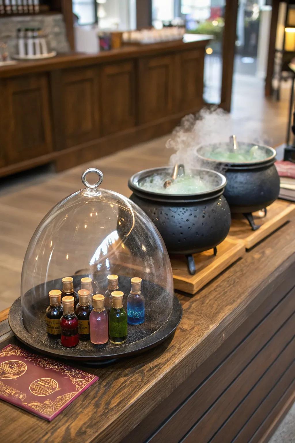 A sorceress's mixture scene beneath a display dome.