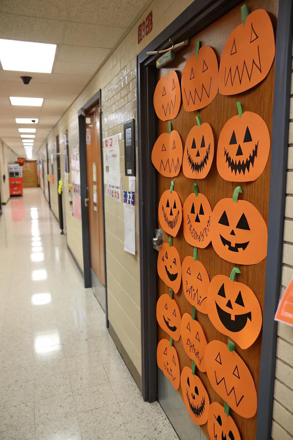 An entryway embellished with jack-o'-lanterns, each exhibiting a distinct expression.