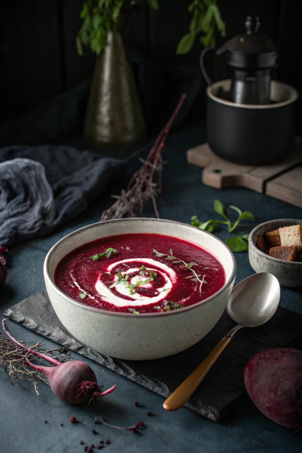 Crimson beet broth, introducing a chilling effect to your meal.
