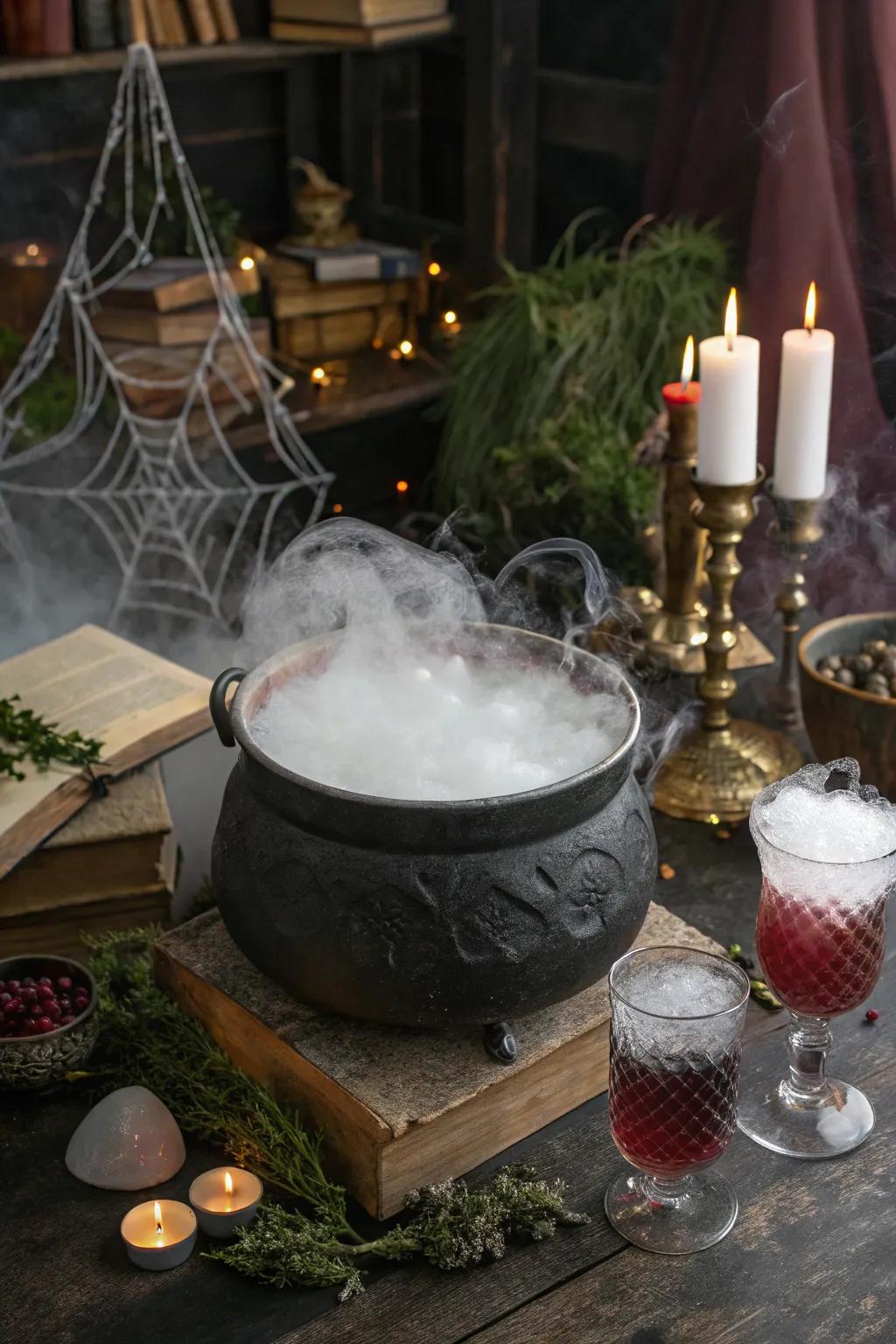 A frothing cauldron contributes a theatrical nuance to party libations