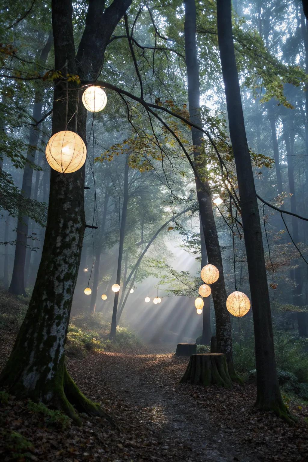 Mysterious spheres cast an ethereal glow in the forest.