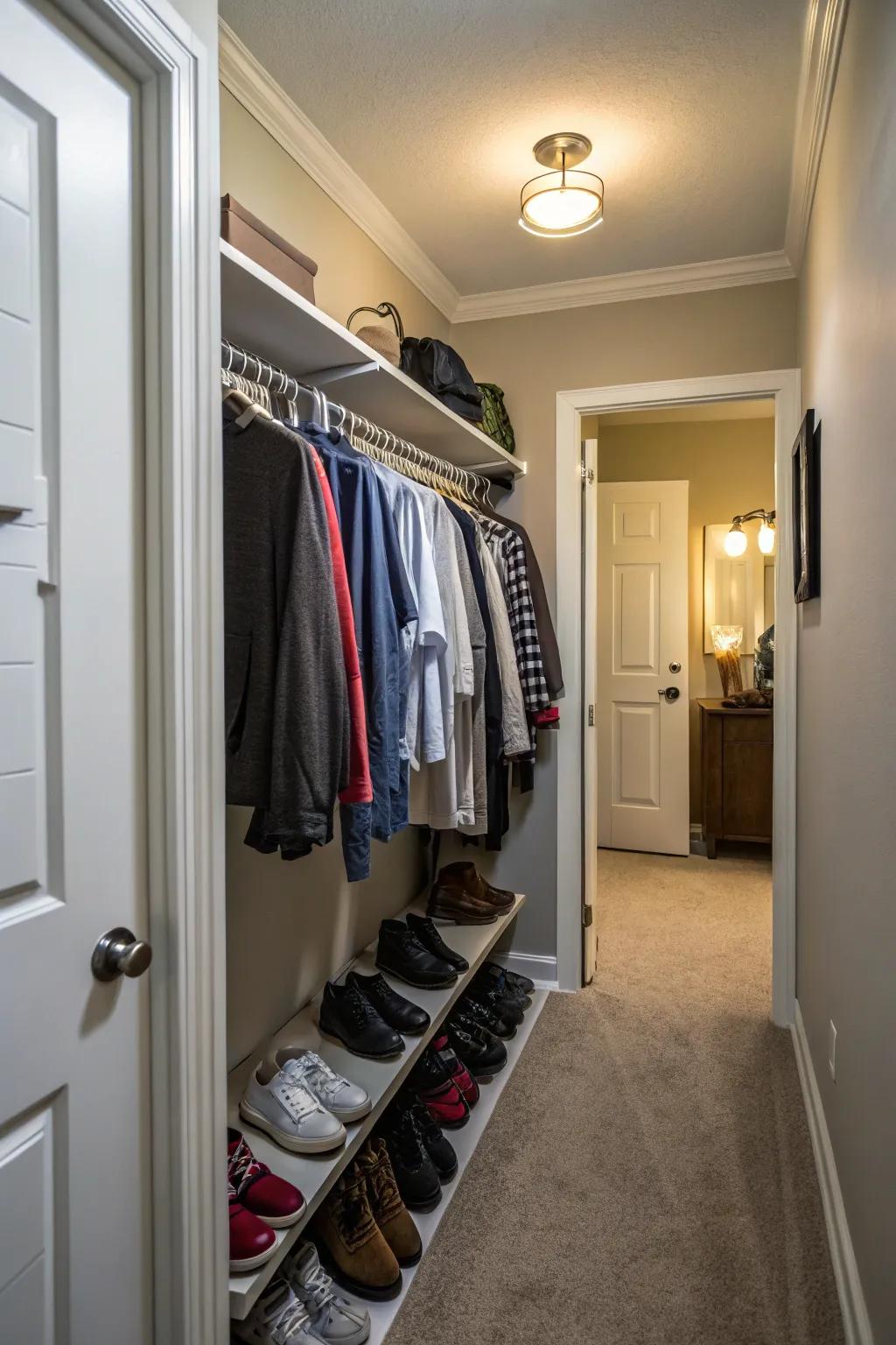 Pull-down rod installed in a hallway closet to maximize hanging space.