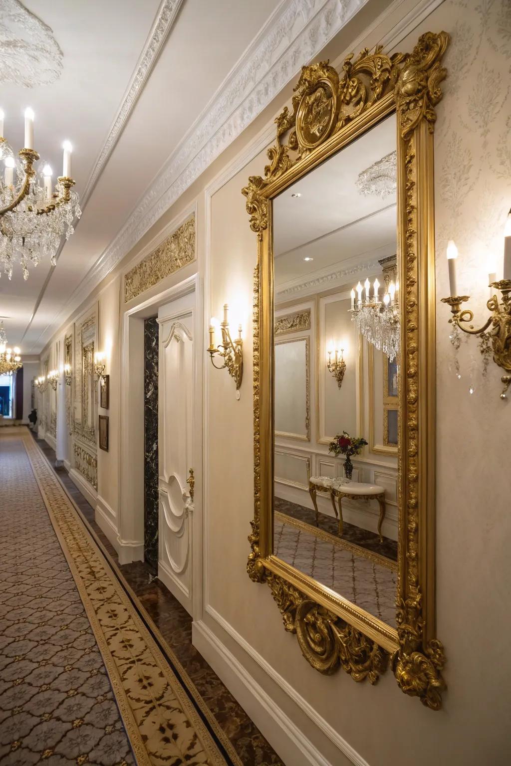 Gilded mirrors contribute a feeling of luxury and sophistication.