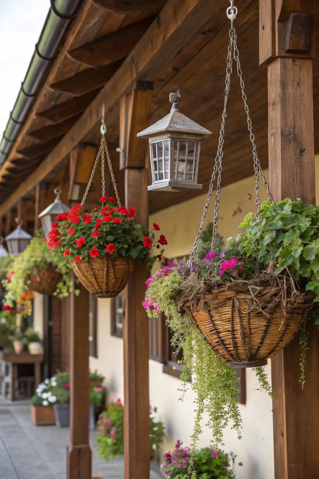 Hanging containers add rustic charm and are versatile in use.