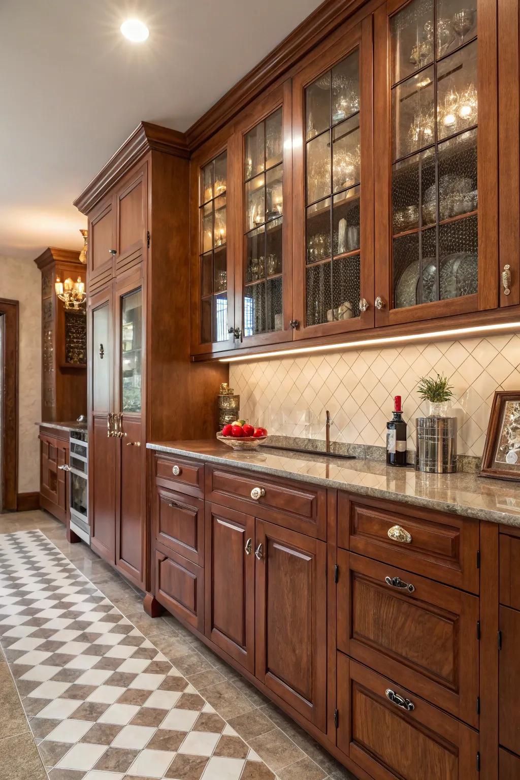 Vintage glass pulls appends antique charm towards cherry cabinets.