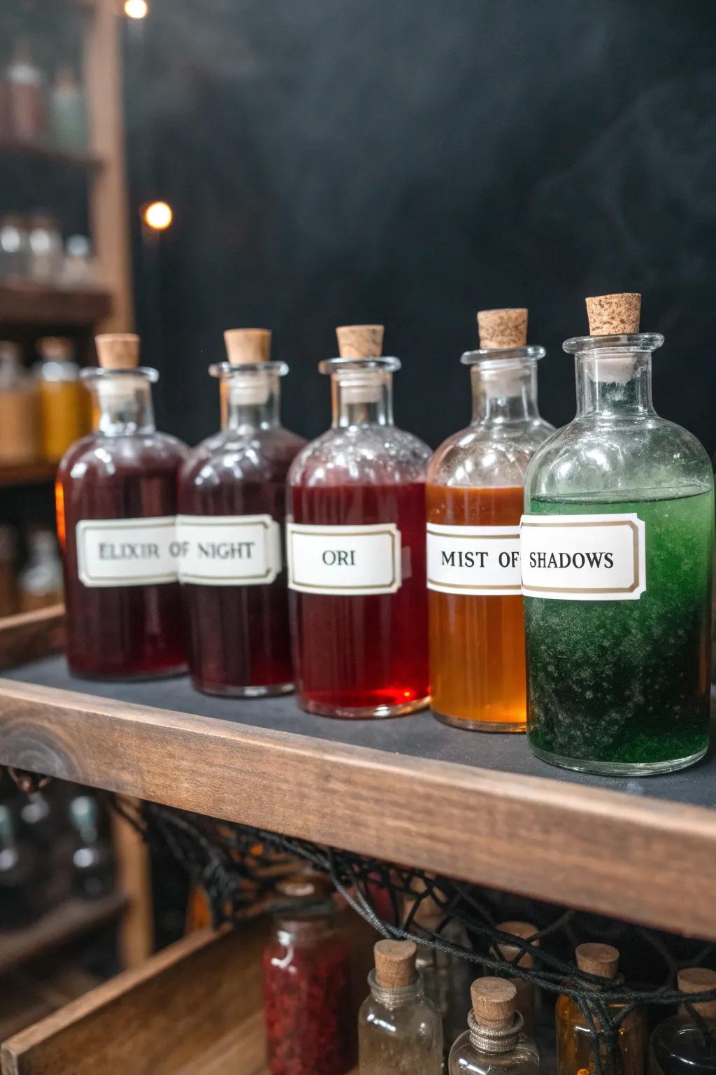 Craft a mysterious display via decoctions vials and eerie labels.