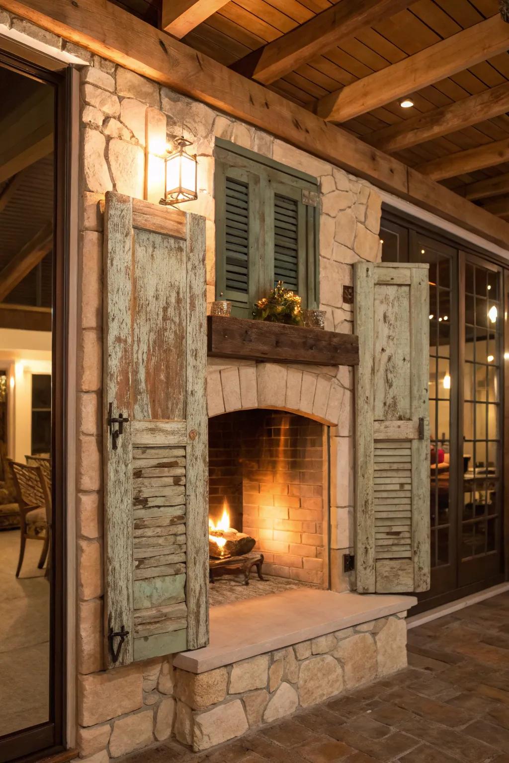 Weathered window coverings introduce a farmhouse feel to your fireplace.