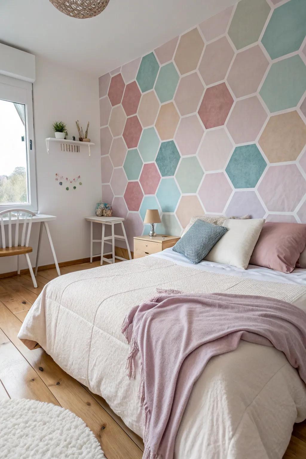 Pastel hexagons establish a soothing and dreamy environment.