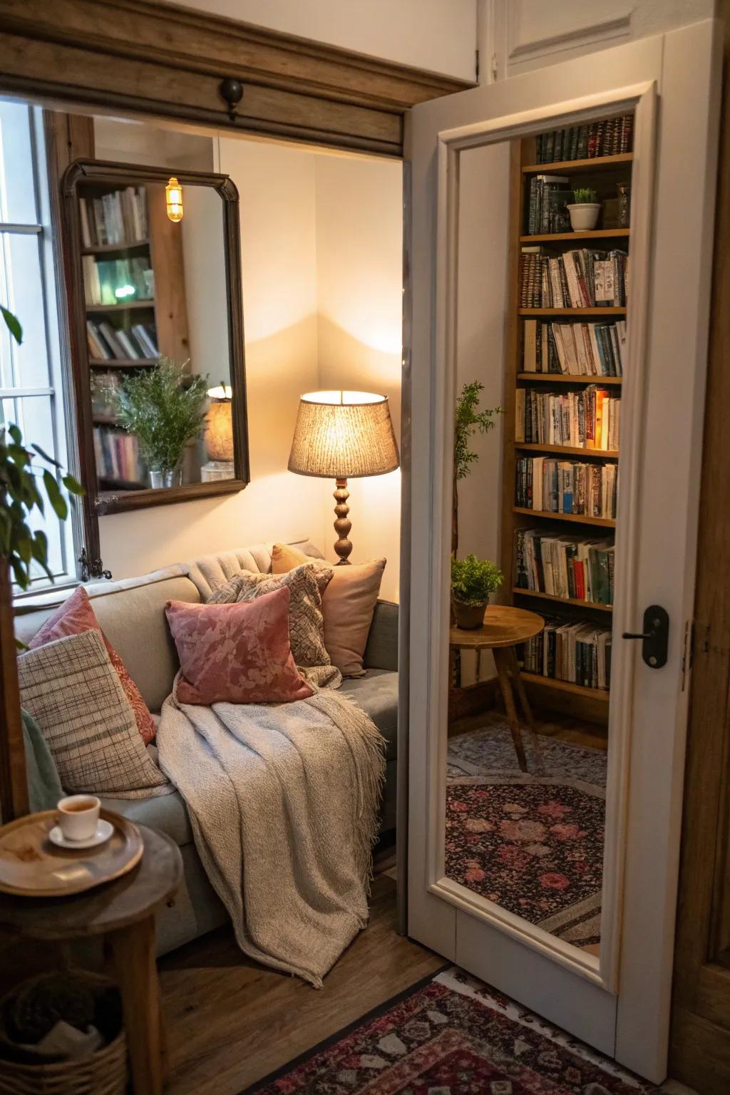 A hidden mirror door leads to a cozy secret hideaway.