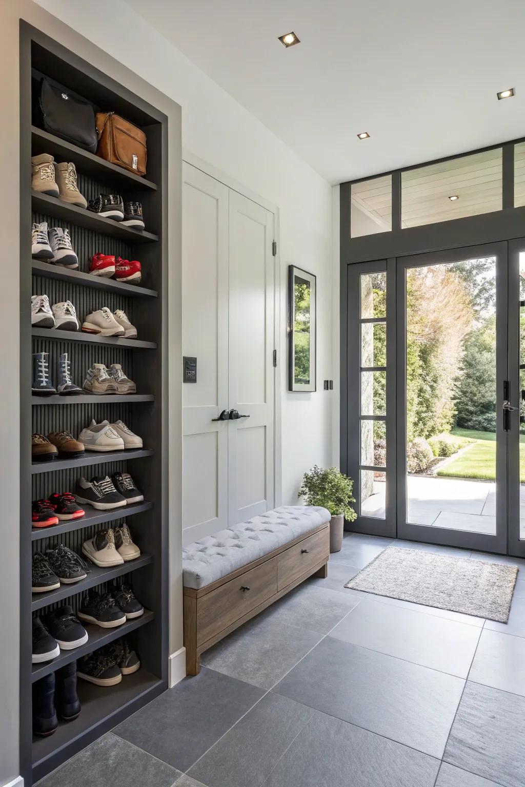 Magnetic shoe storage integrates aesthetics with practicality.