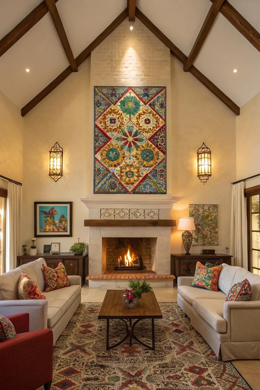 Mosaic art infuses vibrant hues and textural elements.