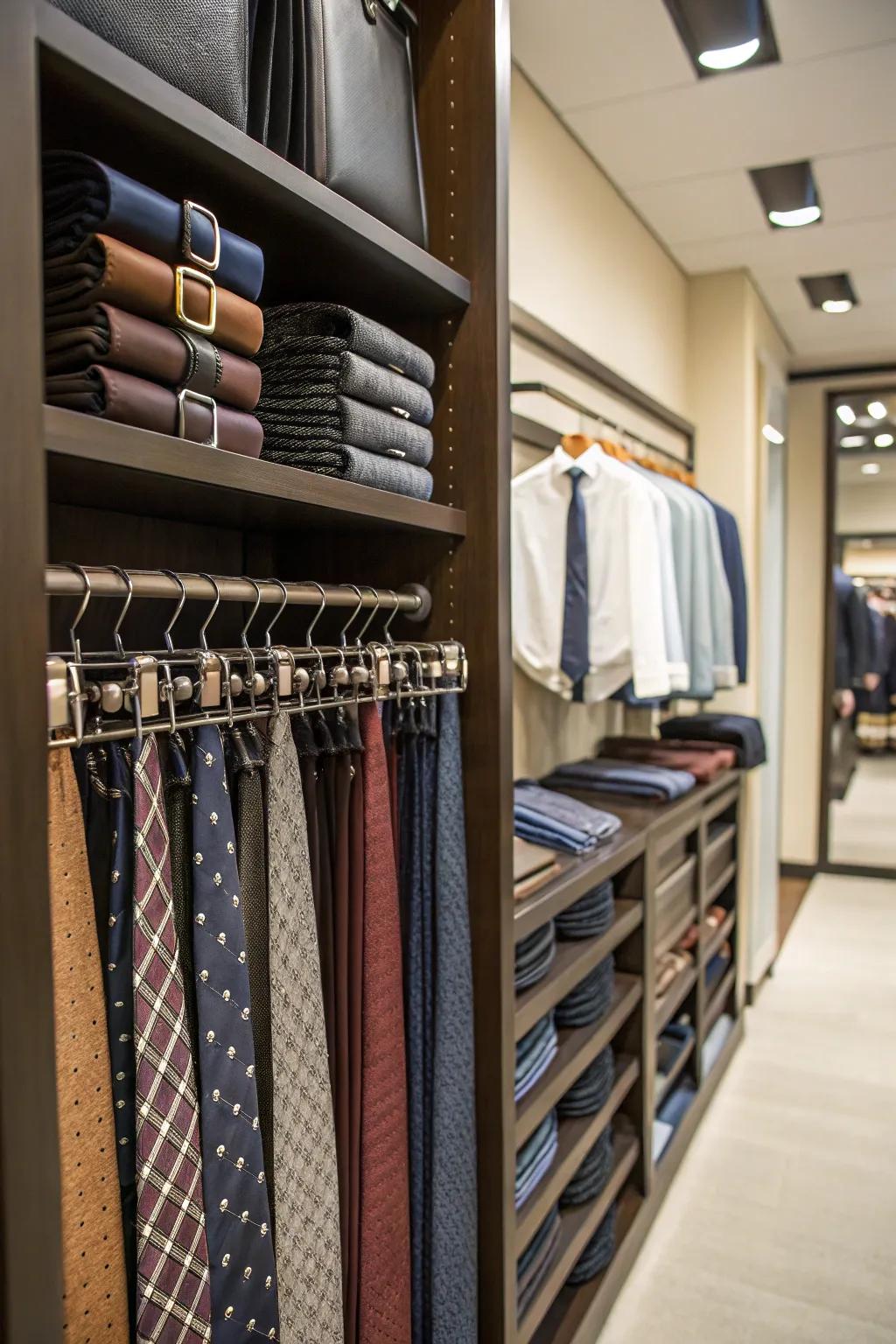 Keep ties and belts neatly arranged using dedicated racks.