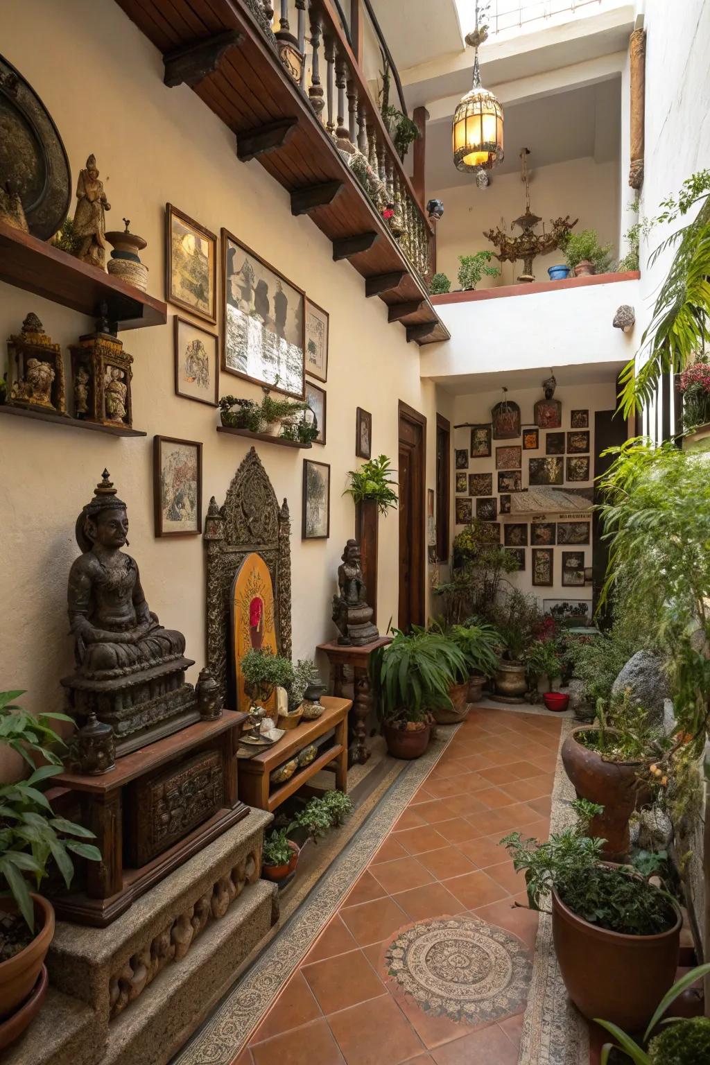 Cultural embellishments adding depth and persona to an atrium.