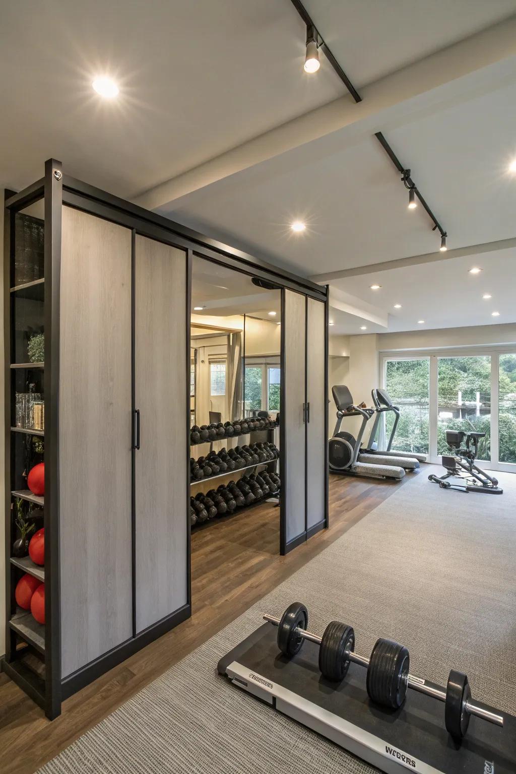 Sliding panels offer a sleek and modern way to hide gym equipment.