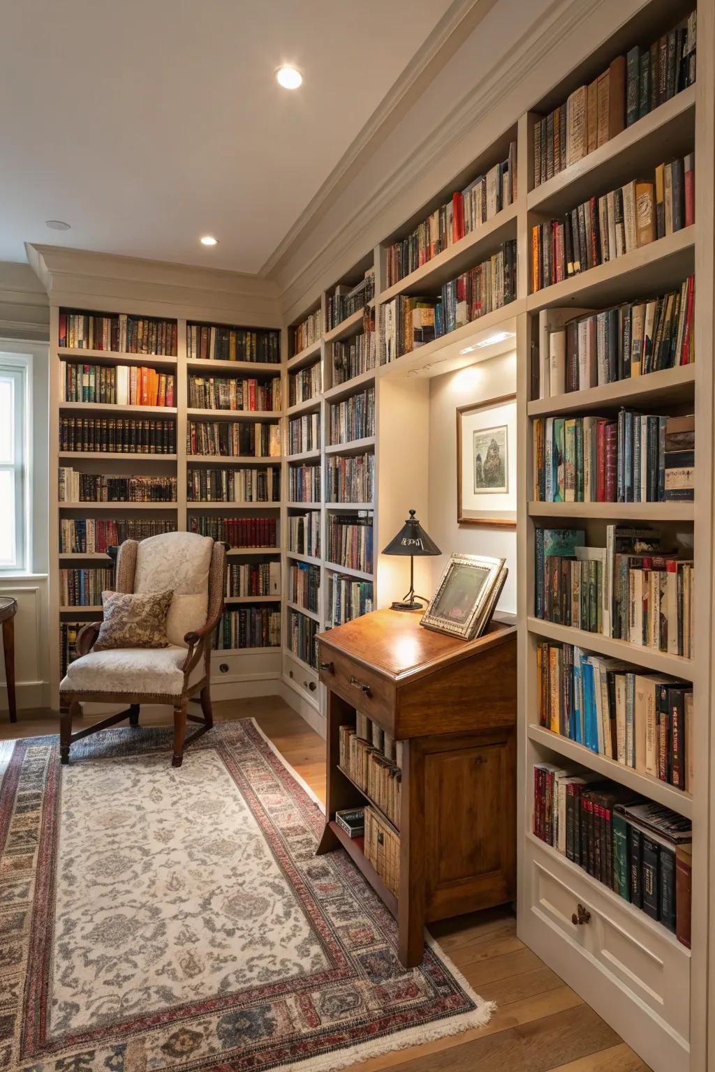 Floor to ceiling shelves add drama and maximize space.