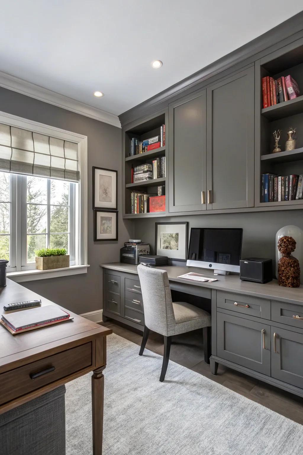 Gray walls establish a balanced and professional look in this home office.