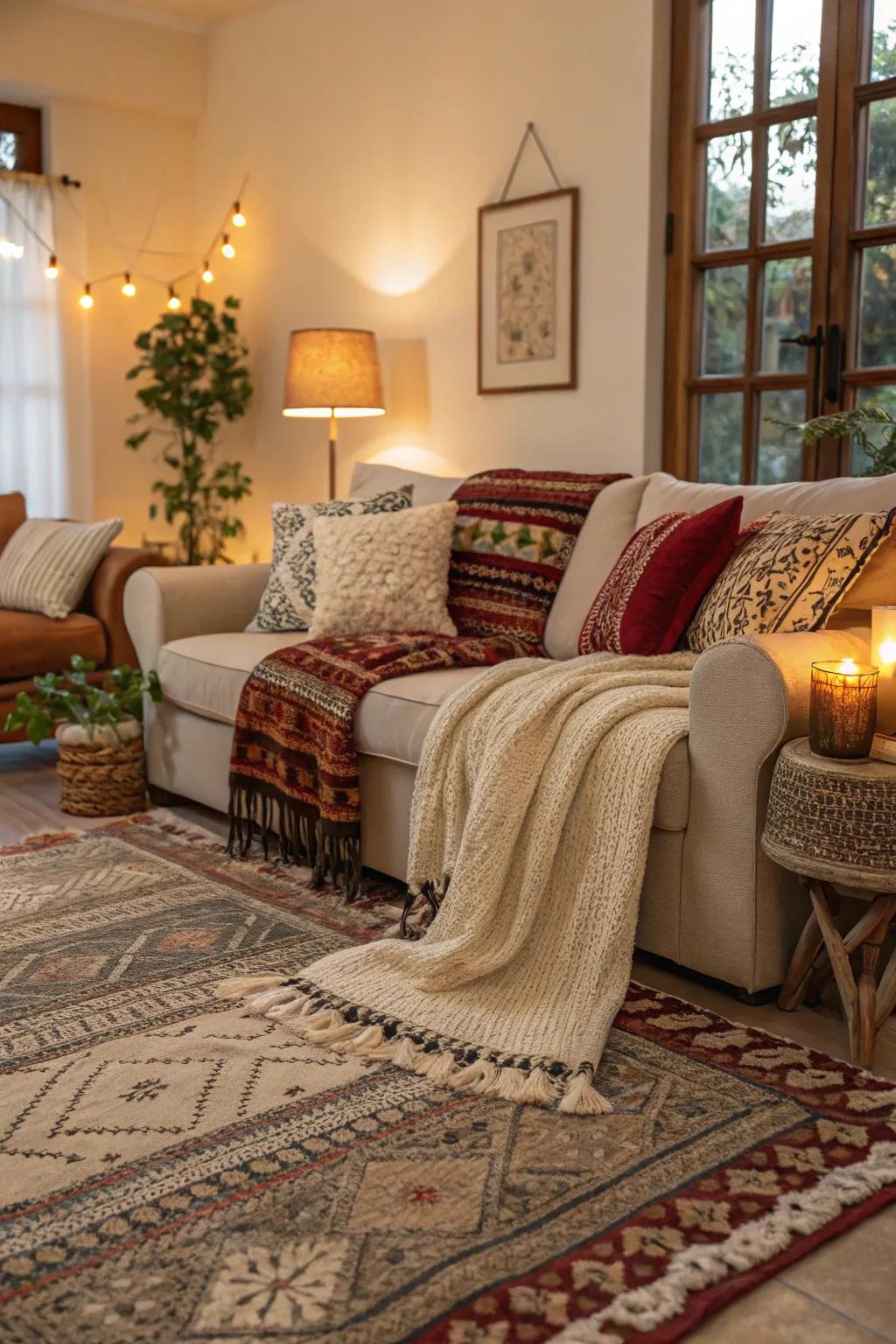 A room that has rugs and textiles.