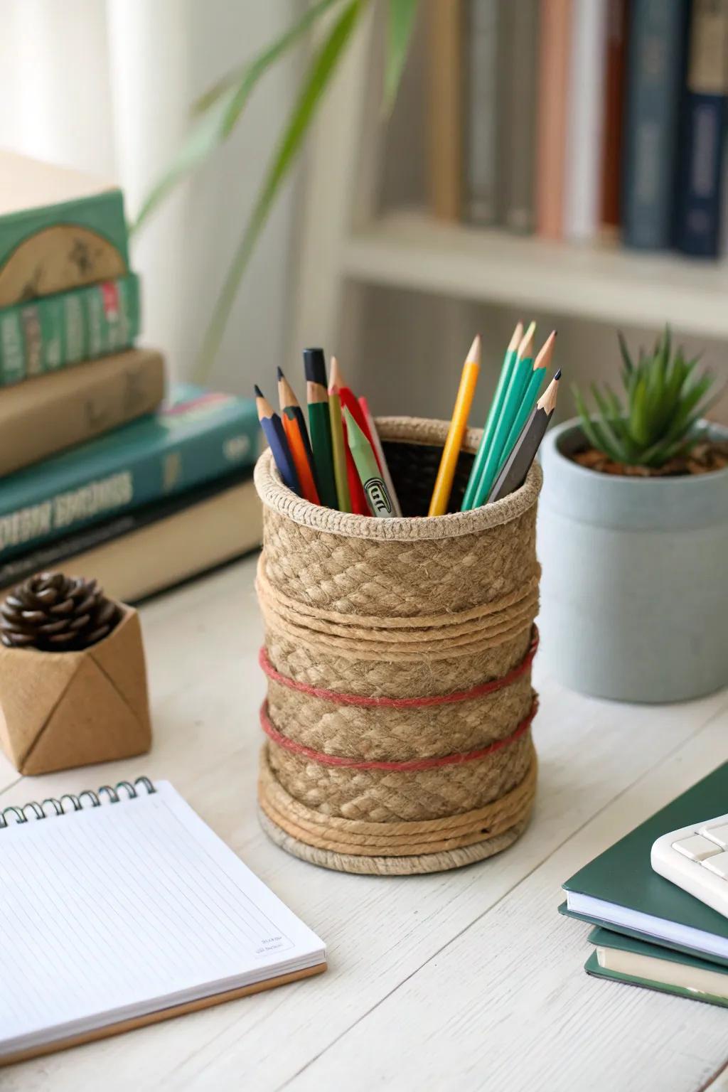 A crafted pen container made from recycled materials.